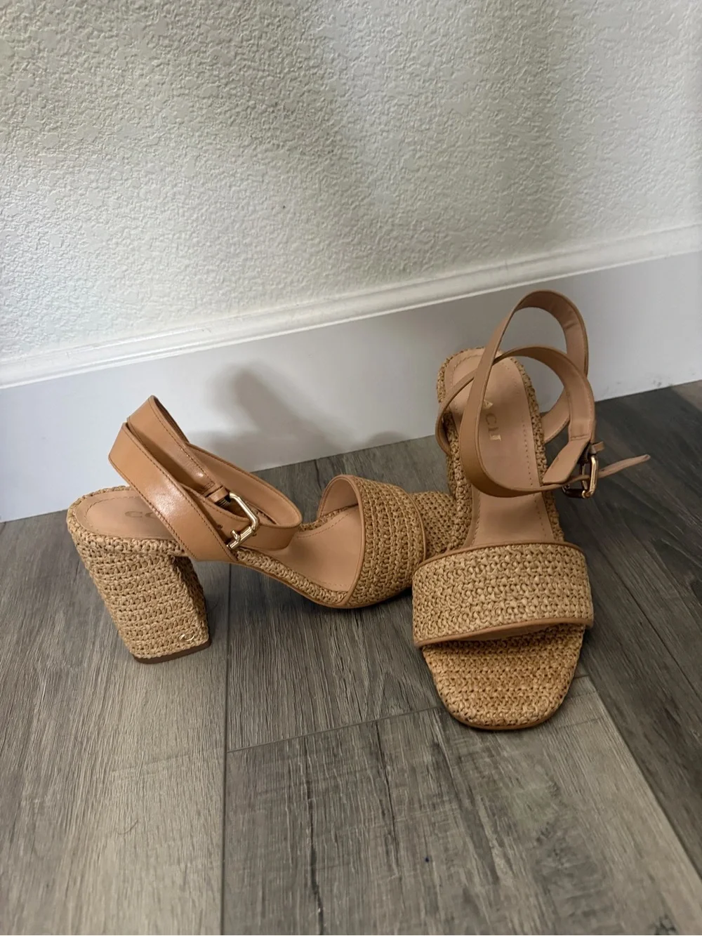 Coach Tan Braided Strap Block Heel Sandals